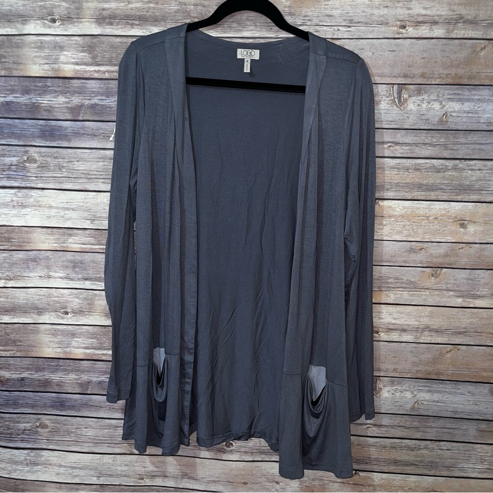 ⭐️ LOGO Lori Goldstein Blue Gray Open Cardigan Pocket Lagenlook Medium D0